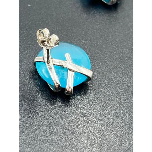 DOBBS 925 PE Sterling Silver Blue Stone Cabochon Pierced Earrings Vintage 5/8" - Picture 13 of 16